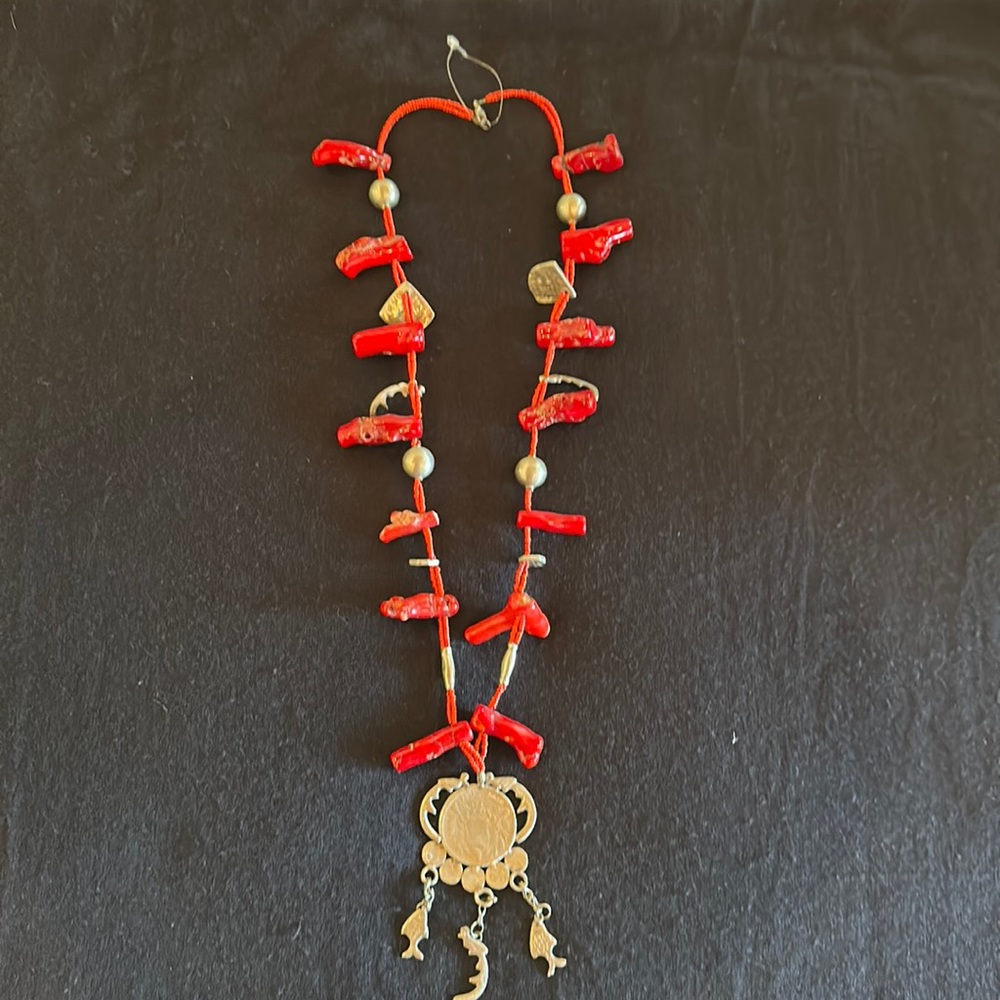 Guatemalan coin necklace with red beads and metal ornaments